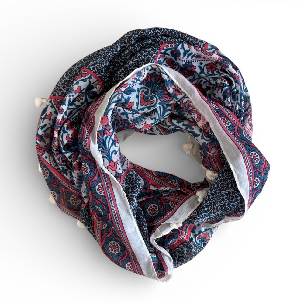 Boho Infinity Scarf Floral Tassel Medallion Lightweight Wrap Sheer Blue Pink OS